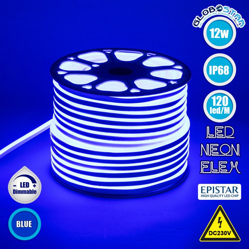 GloboStar® 70575 OVALE 120° Degree Neon Flex Epistar LED SMD 2835 1m 12W/m 120LED/m 1212lm/m 120° DC 230V Αδιάβροχη IP68 Μπλε Dimmable - ledmania.gr