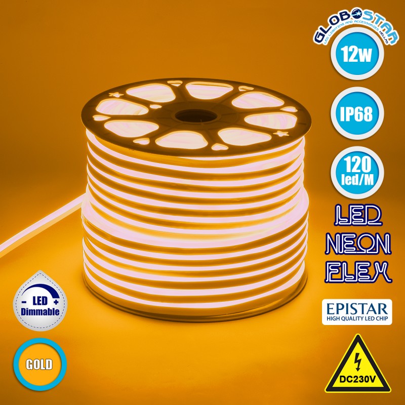 GloboStar® 70576 OVALE 120° Degree Neon Flex Epistar LED SMD 2835 1m 12W/m 120LED/m 1212lm/m 120° DC 230V Αδιάβροχη IP68 Gold - Ultra Θερμό 2200K Dimmable - ledmania.gr