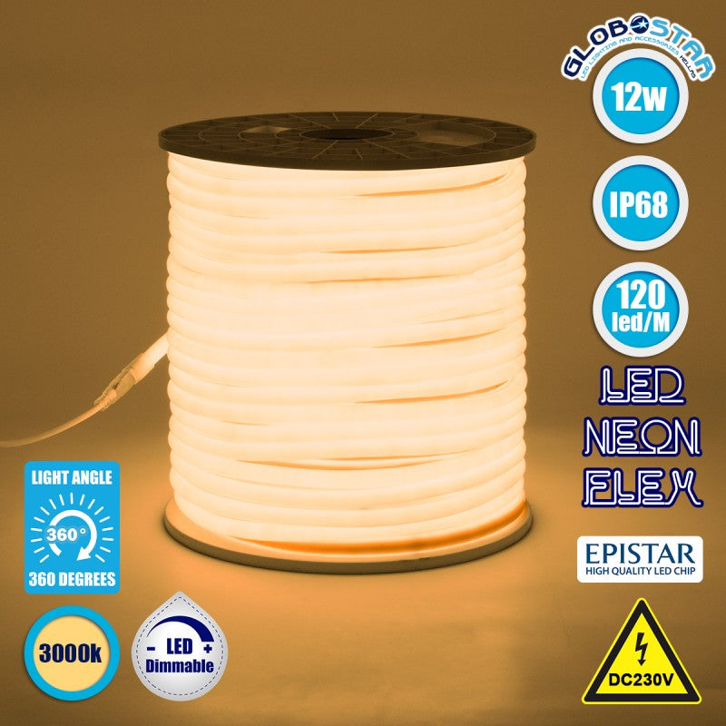 GloboStar® 70592 TUBE 360° Degree Neon Flex Epistar LED SMD 2835 1m 12W/m 120LED/m 1248lm/m 360° DC 230V Αδιάβροχη IP68 Θερμό Λευκό 3000K Dimmable - ledmania.gr