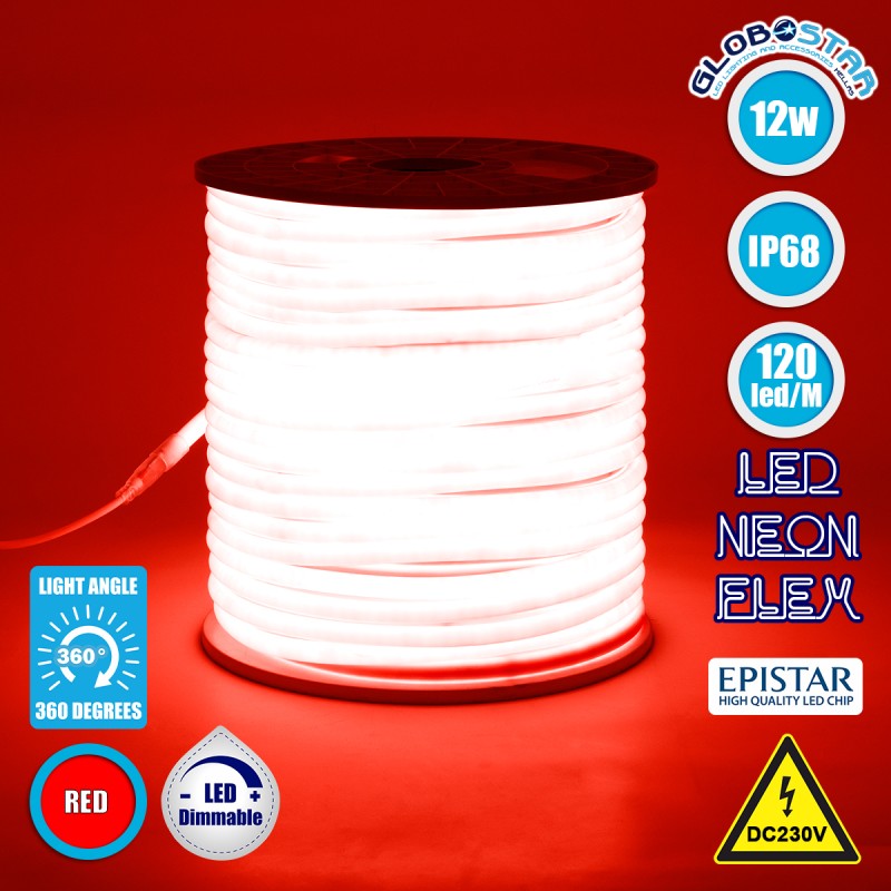 GLOBOSTAR® NEOTUBE 70593 Ταινία Neon Flex LED 12W/m 600lm/m 360° DC 220-240V Αδιάβροχο IP65 120 x SMD2835 Chip/m Κόκκινο Dimmable - Μ100 x Π1.3 x Υ1.3cm - 3 Χρόνια Εγγύηση - ledmania.gr