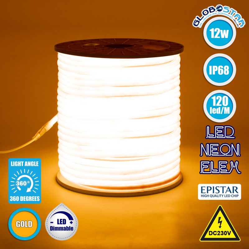 GLOBOSTAR® NEOTUBE 70596 Ταινία Neon Flex LED 12W/m 720lm/m 360° DC 220-240V Αδιάβροχο IP65 120 x SMD2835 Chip/m Ultra Θερμό 2200K Dimmable - Μ100 x Π1.3 x Υ1.3cm - 3 Χρόνια Εγγύηση - ledmania.gr