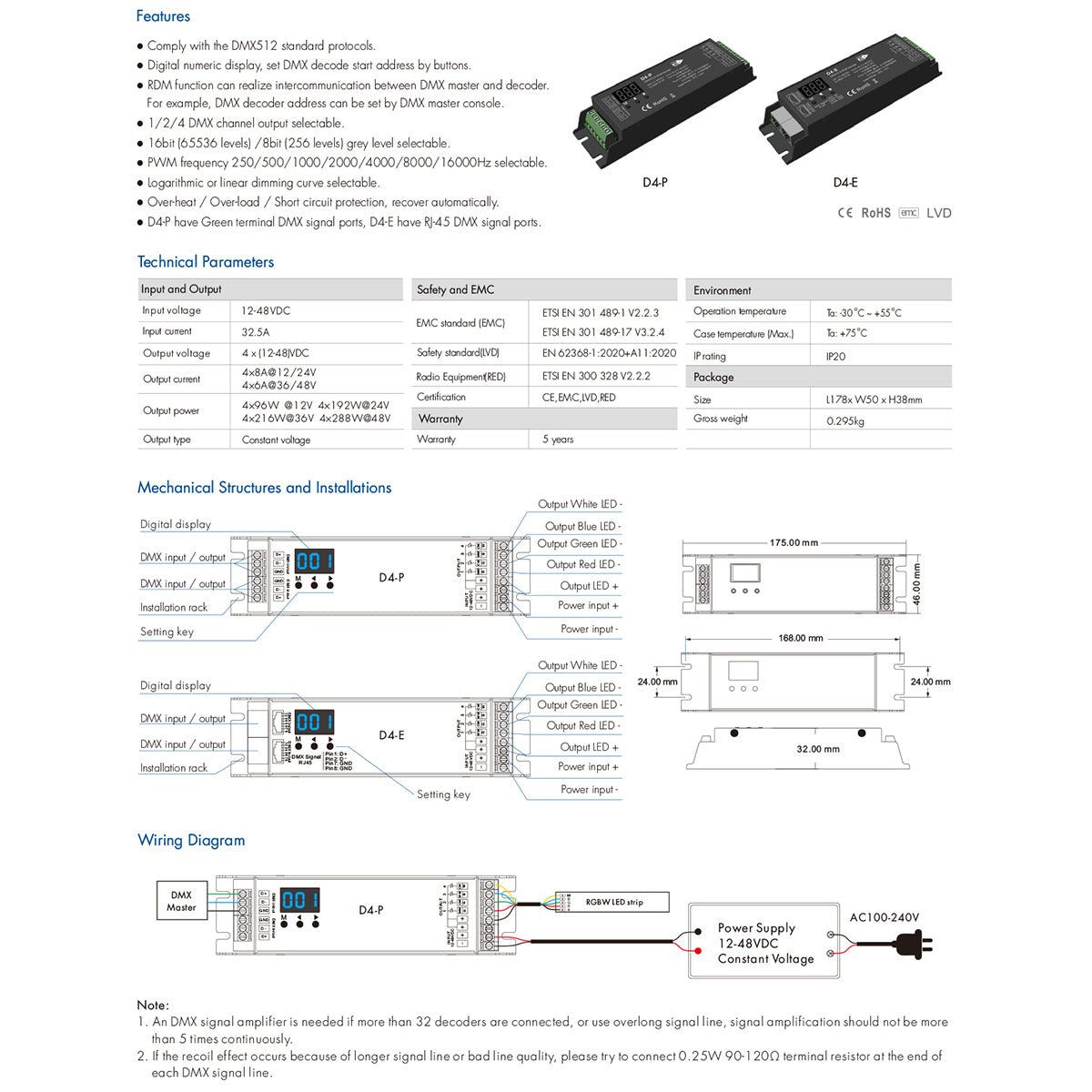 GLOBOSTAR® SKYDANCE-D4-P 70669 DC DMX Master Dimmer / Controller / Decoder Υψηλής Ταχύτητας με 4 x 8A 384W Κανάλια 12-48V 32.5A 1152W Max IP20 - DMX512 & RDM - Μ17.5 x Π4.5 x Υ2.8cm - 5 Χρόνια Εγγύηση