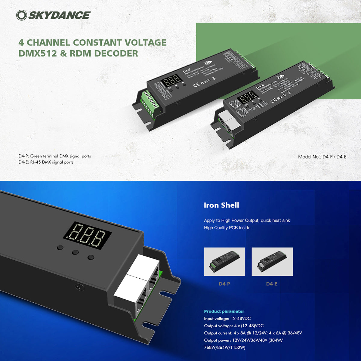 GLOBOSTAR® SKYDANCE-D4-P 70669 DC DMX Master Dimmer / Controller / Decoder Υψηλής Ταχύτητας με 4 x 8A 384W Κανάλια 12-48V 32.5A 1152W Max IP20 - DMX512 & RDM - Μ17.5 x Π4.5 x Υ2.8cm - 5 Χρόνια Εγγύηση
