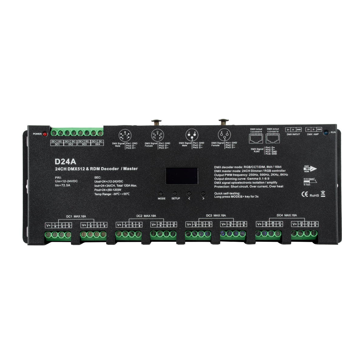 GLOBOSTAR® SKYDANCE-D24A 70673 DC DMX Master Dimmer / Controller / Decoder Υψηλής Ταχύτητας με 24 x 3A 72W Κανάλια DC 12-24V 72.5A 1740W Max IP20 - DMX512 & RDM - Μ16.7 x Π5 x Υ2.4cm - 5 Χρόνια Εγγύηση