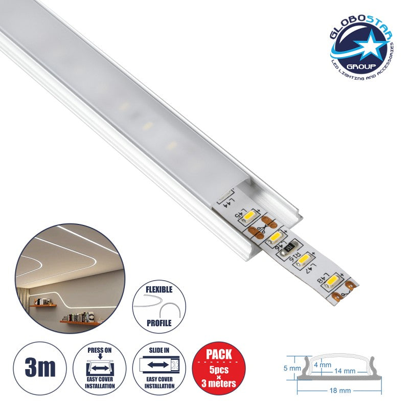 GloboStar® CURVED-PROFILE 70802-3M Προφίλ Αλουμινίου - Βάση & Ψύκτρα Ταινίας LED με Λευκό Γαλακτερό Κάλυμμα - Επιφανειακή Χρήση - Εύκαμπτο με Δυνατότητα Κυρτής Τοποθέτησης - Πατητό Κάλυμμα - Ασημί - 3 Μέτρα - Πακέτο 5 Τεμαχίων - Μ300 x Π1.8 x Υ0.5cm - ledmania.gr