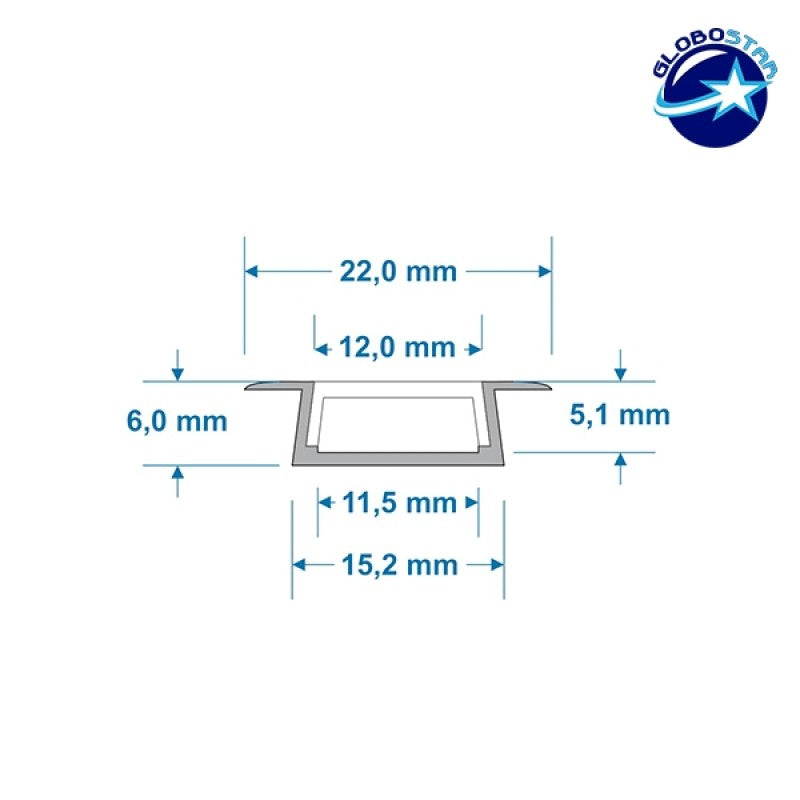 GLOBOSTAR® ALP-LINEAR RECCA 70803-1M Χωνευτό Προφίλ Αλουμινίου με Λευκό Γαλακτερό Συρόμενο Κάλυμμα για Ταινίες LED IP20 - Ασημί & Λευκό - Μ100 x Π2.2 x Υ0.6cm