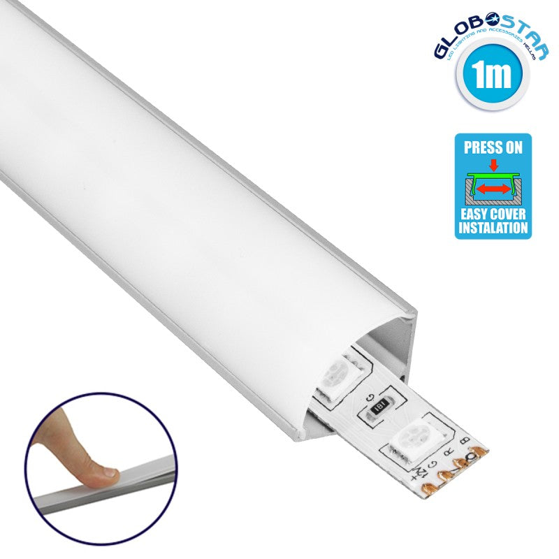 GLOBOSTAR® ALP-CORNER LINEO 70815-1M Επιφανειακό Γωνιακό Προφίλ Αλουμινίου με Λευκό Γαλακτερό Πατητό Κάλυμμα για Ταινίες LED IP20 - Ασημί & Λευκό - Μ100 x Π1.6 x Υ1.6cm - ledmania.gr