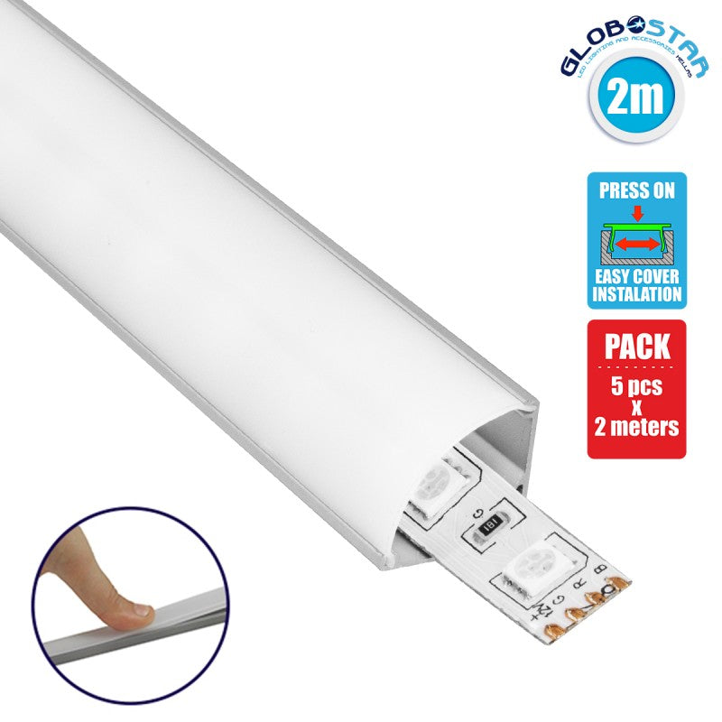 GLOBOSTAR® ALP-CORNER LINEO 70815-2M Επιφανειακό Γωνιακό Προφίλ Αλουμινίου με Λευκό Γαλακτερό Πατητό Κάλυμμα για Ταινίες LED IP20 - Ασημί & Λευκό - Μ200 x Π1.6 x Υ1.6cm - Πακέτο 5 Τεμαχίων