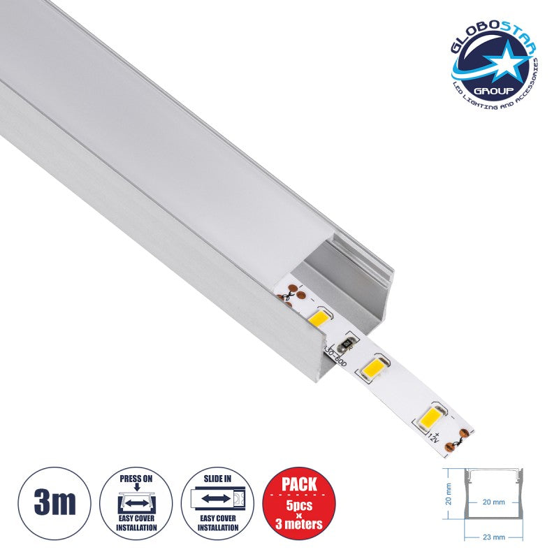 GloboStar® SURFACE-PROFILE 70867-3M Προφίλ Αλουμινίου - Βάση & Ψύκτρα Ταινίας LED με Λευκό Γαλακτερό Κάλυμμα - Επιφανειακή Χρήση - Πατητό Κάλυμμα - Ασημί - 3 Μέτρα - Πακέτο 5 Τεμαχίων - Μ300 x Π2.3 x Υ2cm - ledmania.gr