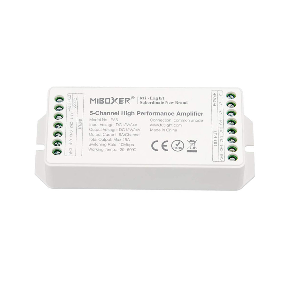 GloboStar® 71429 PA5 Mi-BOXER DC Power & Signal High Speed Amplifier Ενισχυτής Ισχύος & Σήματος Υψηλών Ταχυτήτων 5 Καναλιών DC 12-24V 5 x 6A 144W - Max 15A 360W - IP20 RGBW+WW Μ11.4 x Π4.9 x Υ2.8cm - 5 Years Warranty - ledmania.gr