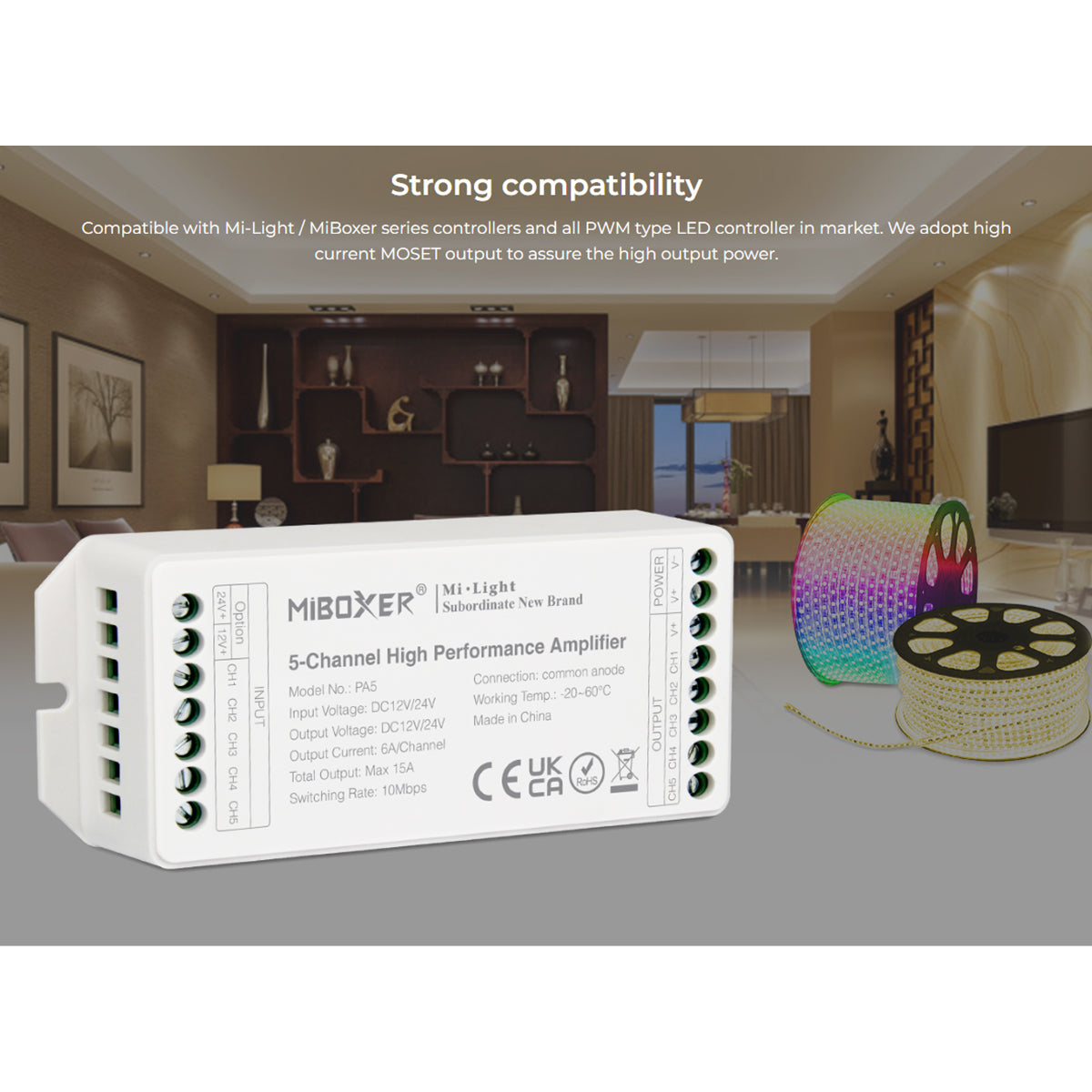 GloboStar® 71429 PA5 Mi-BOXER DC Power & Signal High Speed Amplifier Ενισχυτής Ισχύος & Σήματος Υψηλών Ταχυτήτων 5 Καναλιών DC 12-24V 5 x 6A 144W - Max 15A 360W - IP20 RGBW+WW Μ11.4 x Π4.9 x Υ2.8cm - 5 Years Warranty - ledmania.gr