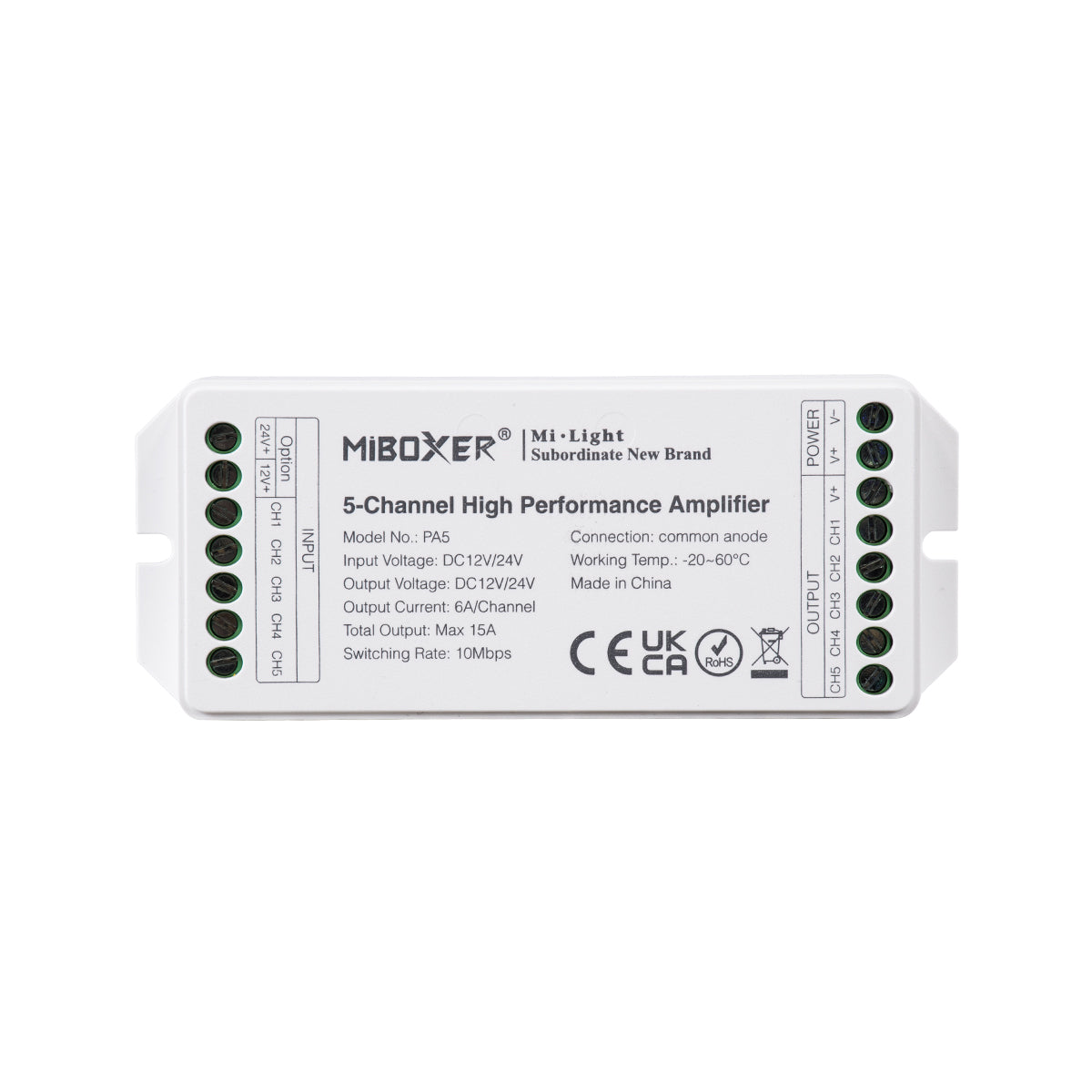 GloboStar® 71429 PA5 Mi-BOXER DC Power & Signal High Speed Amplifier Ενισχυτής Ισχύος & Σήματος Υψηλών Ταχυτήτων 5 Καναλιών DC 12-24V 5 x 6A 144W - Max 15A 360W - IP20 RGBW+WW Μ11.4 x Π4.9 x Υ2.8cm - 5 Years Warranty - ledmania.gr
