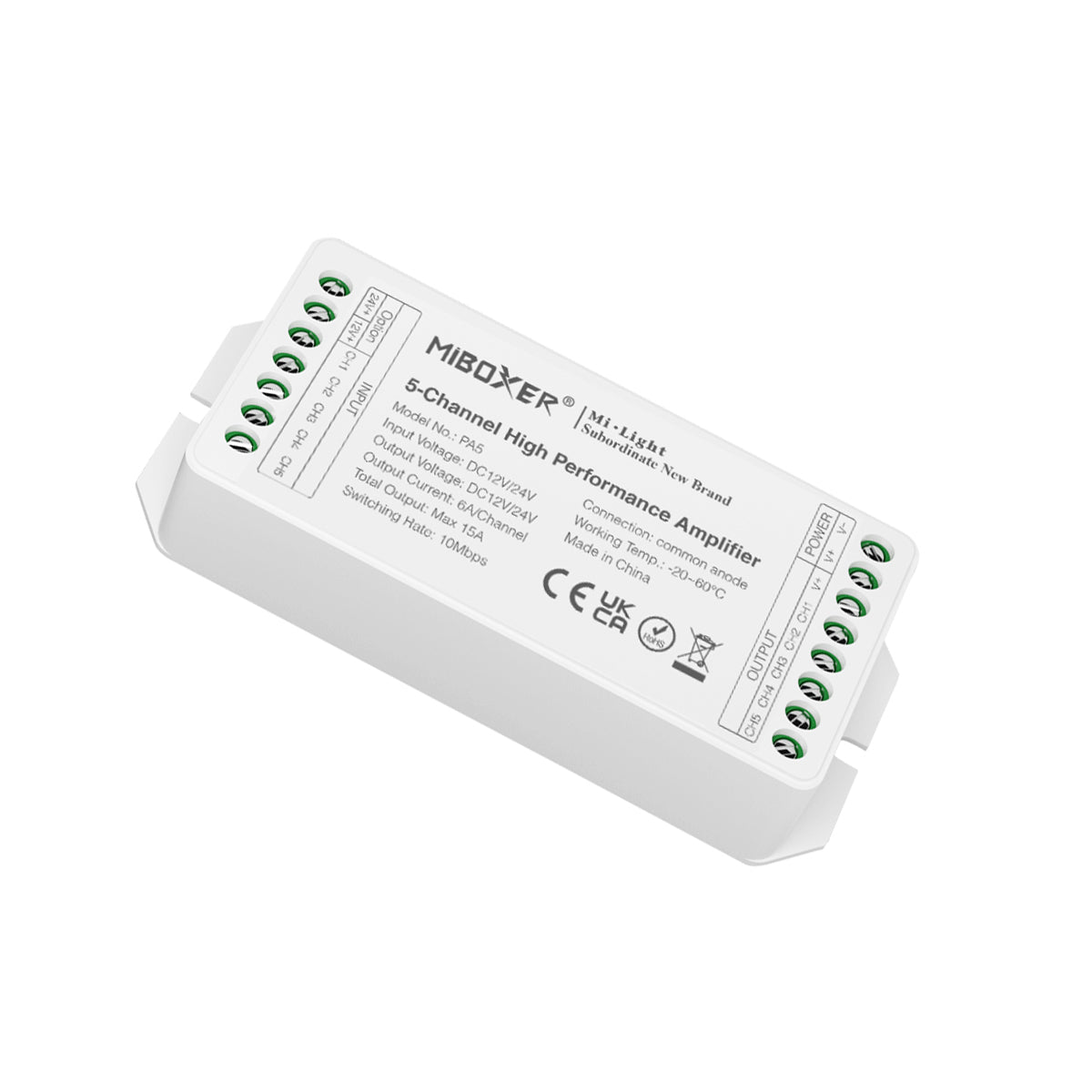 GloboStar® 71429 PA5 Mi-BOXER DC Power & Signal High Speed Amplifier Ενισχυτής Ισχύος & Σήματος Υψηλών Ταχυτήτων 5 Καναλιών DC 12-24V 5 x 6A 144W - Max 15A 360W - IP20 RGBW+WW Μ11.4 x Π4.9 x Υ2.8cm - 5 Years Warranty - ledmania.gr