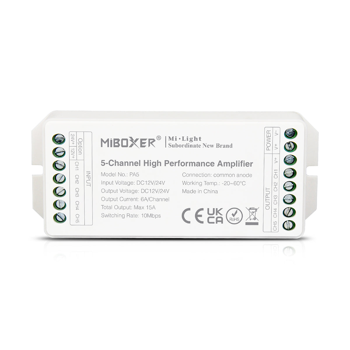 GloboStar® 71429 PA5 Mi-BOXER DC Power & Signal High Speed Amplifier Ενισχυτής Ισχύος & Σήματος Υψηλών Ταχυτήτων 5 Καναλιών DC 12-24V 5 x 6A 144W - Max 15A 360W - IP20 RGBW+WW Μ11.4 x Π4.9 x Υ2.8cm - 5 Years Warranty - ledmania.gr