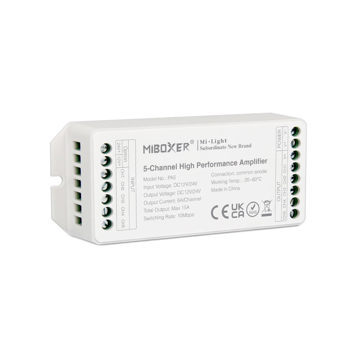 GloboStar® 71429 PA5 Mi-BOXER DC Power & Signal High Speed Amplifier Ενισχυτής Ισχύος & Σήματος Υψηλών Ταχυτήτων 5 Καναλιών DC 12-24V 5 x 6A 144W - Max 15A 360W - IP20 RGBW+WW Μ11.4 x Π4.9 x Υ2.8cm - 5 Years Warranty - ledmania.gr