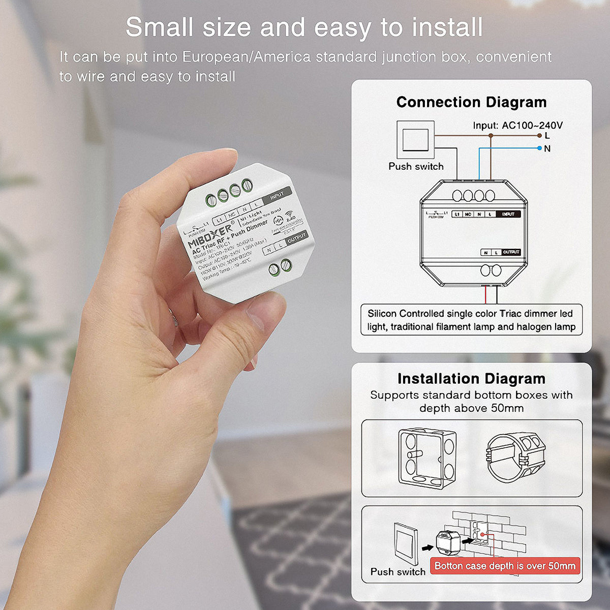 GloboStar® 71432 TRI-C1 Mi-BOXER AC Triac & RF 2.4Ghz & Push Dimmer 1 Καναλιού AC 100-240V 1 x 1.36A 300W - Max 1.36A 300W - IP20 Μ5 x Π5 x Υ2.3cm - 5 Years Warranty - ledmania.gr