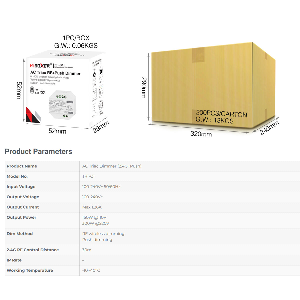 GloboStar® 71432 TRI-C1 Mi-BOXER AC Triac & RF 2.4Ghz & Push Dimmer 1 Καναλιού AC 100-240V 1 x 1.36A 300W - Max 1.36A 300W - IP20 Μ5 x Π5 x Υ2.3cm - 5 Years Warranty - ledmania.gr
