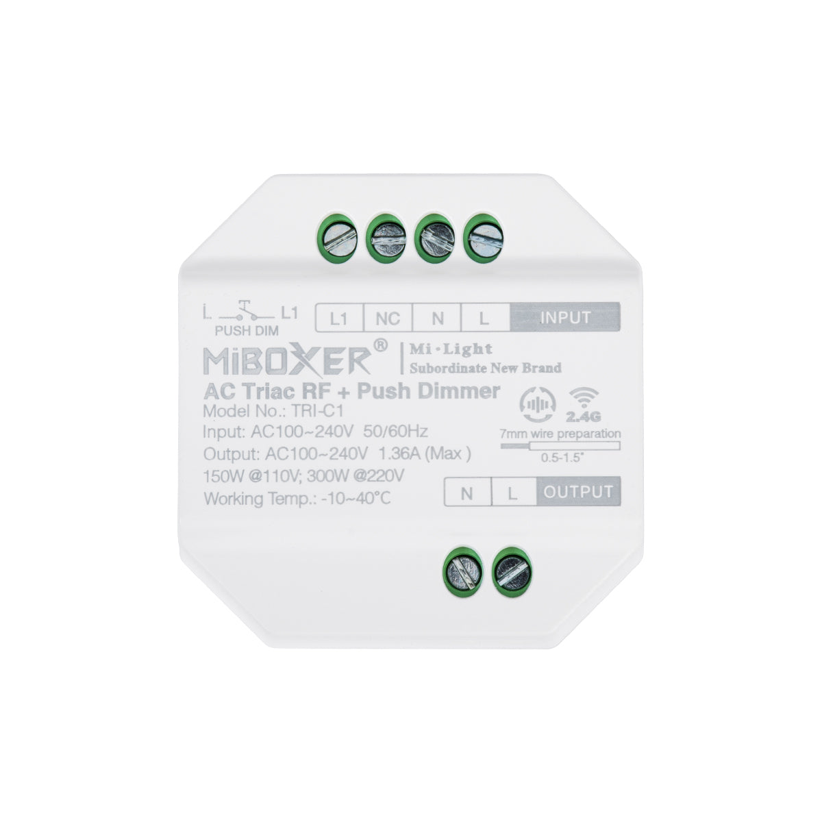 GloboStar® 71432 TRI-C1 Mi-BOXER AC Triac & RF 2.4Ghz & Push Dimmer 1 Καναλιού AC 100-240V 1 x 1.36A 300W - Max 1.36A 300W - IP20 Μ5 x Π5 x Υ2.3cm - 5 Years Warranty - ledmania.gr
