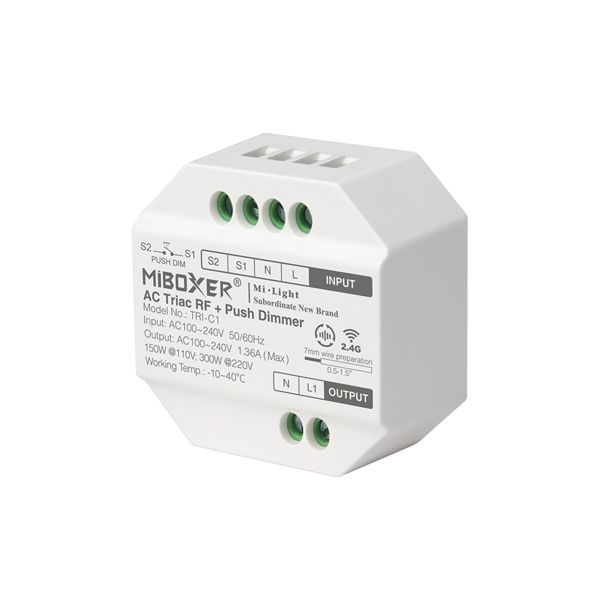 GloboStar® 71432 TRI-C1 Mi-BOXER AC Triac & RF 2.4Ghz & Push Dimmer 1 Καναλιού AC 100-240V 1 x 1.36A 300W - Max 1.36A 300W - IP20 Μ5 x Π5 x Υ2.3cm - 5 Years Warranty - ledmania.gr