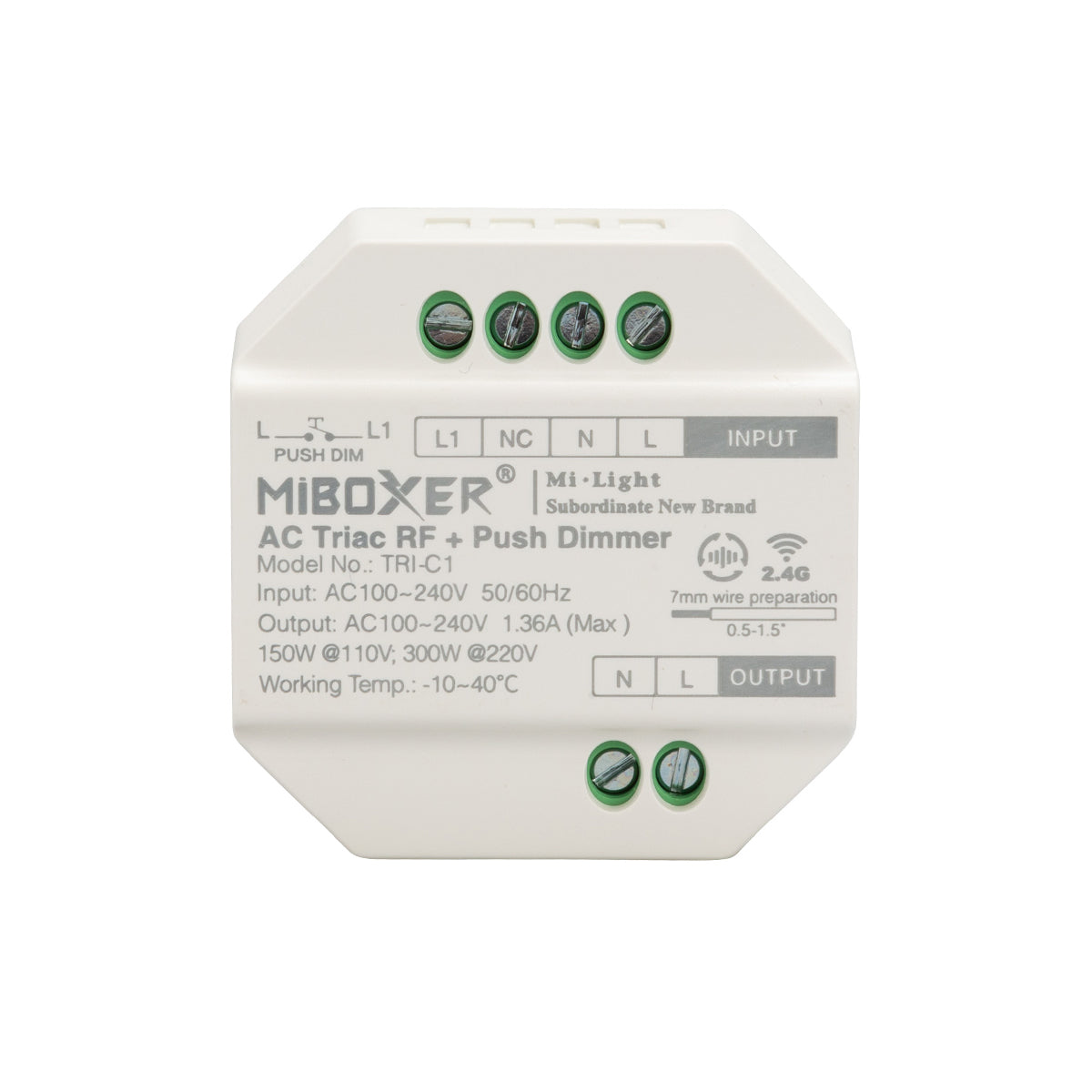 GloboStar® 71432 TRI-C1 Mi-BOXER AC Triac & RF 2.4Ghz & Push Dimmer 1 Καναλιού AC 100-240V 1 x 1.36A 300W - Max 1.36A 300W - IP20 Μ5 x Π5 x Υ2.3cm - 5 Years Warranty - ledmania.gr