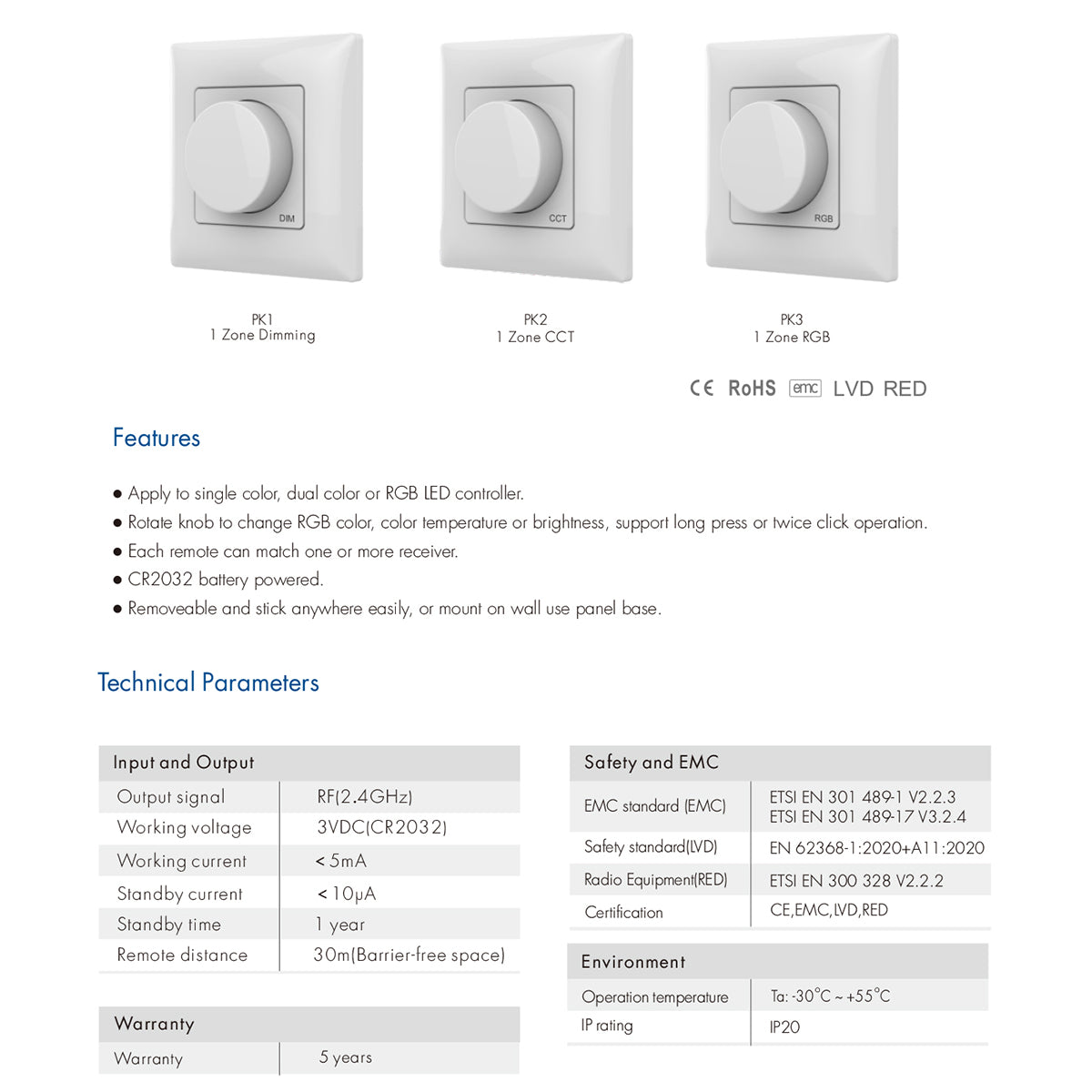 GloboStar® 71443 K1 Mi-BOXER Ασύρματο Επιτοίχιο Χειριστήριο Dimmer RF 2.4Ghz για όλα τα Μονόχρωμα Mi-BOXER Controller DC 3V 1 x CR2032 - IP20 Λευκό Μ8.5 x Π8.5 x Υ2.5cm - 5 Years Warranty - ledmania.gr