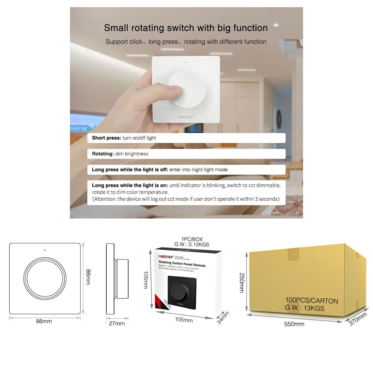 GloboStar® 71443 K1 Mi-BOXER Ασύρματο Επιτοίχιο Χειριστήριο Dimmer RF 2.4Ghz για όλα τα Μονόχρωμα Mi-BOXER Controller DC 3V 1 x CR2032 - IP20 Λευκό Μ8.5 x Π8.5 x Υ2.5cm - 5 Years Warranty - ledmania.gr