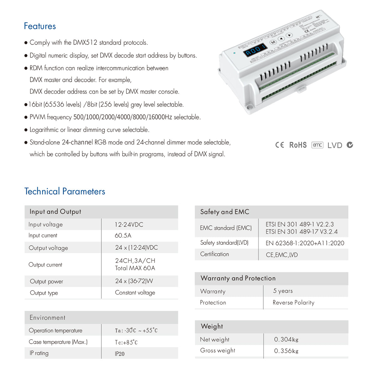 GLOBOSTAR® SKYDANCE-D24 71450 DC DMX Master Dimmer / Controller / Decoder Υψηλής Ταχύτητας με 24 x 3A 72W Κανάλια DC 12-24V 60A 1440W Max IP20 - DMX512 & RDM - Μ16 x Π9 x Υ6cm - 5 Χρόνια Εγγύηση