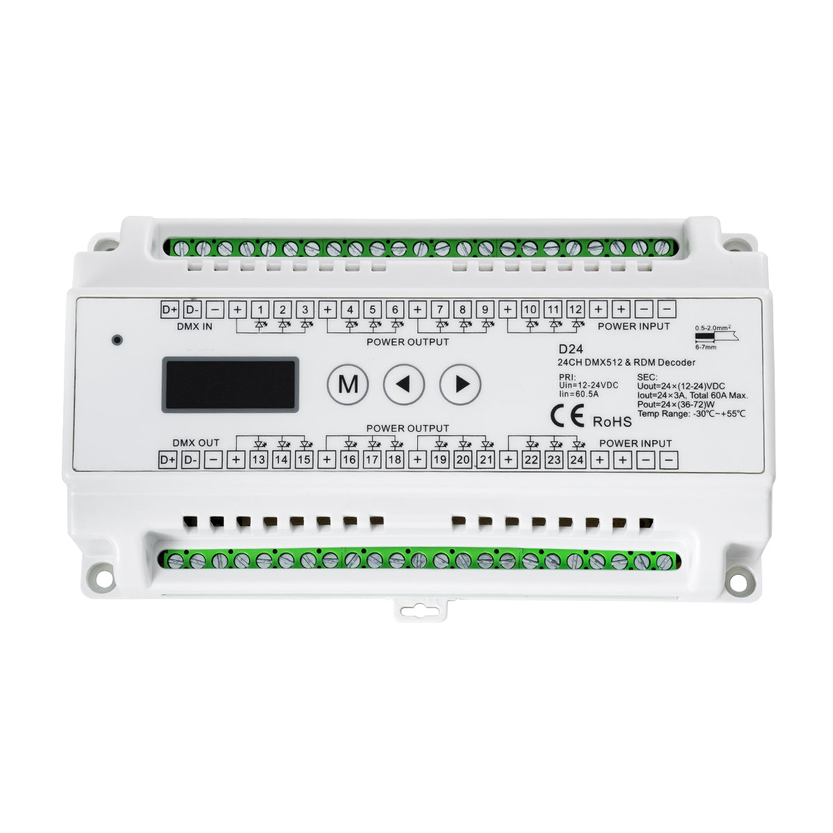 GLOBOSTAR® SKYDANCE-D24 71450 DC DMX Master Dimmer / Controller / Decoder Υψηλής Ταχύτητας με 24 x 3A 72W Κανάλια DC 12-24V 60A 1440W Max IP20 - DMX512 & RDM - Μ16 x Π9 x Υ6cm - 5 Χρόνια Εγγύηση