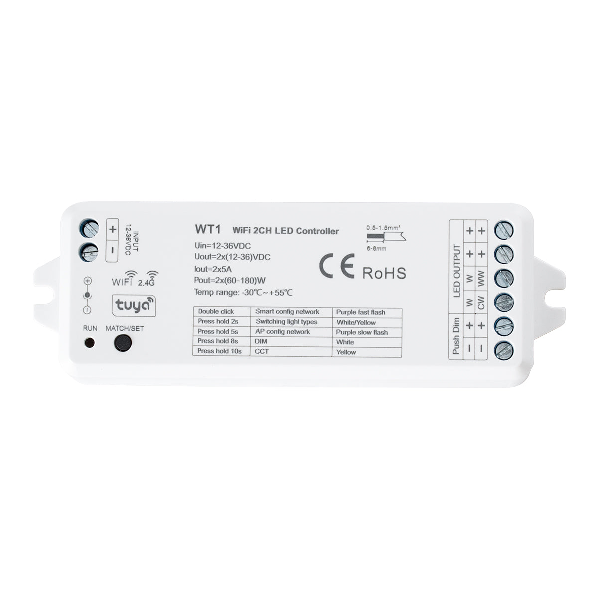 GloboStar® 71468 WT1 SKYDANCE DC WiFi & RF 2.4Ghz Dimmer High Speed Controller 2 Καναλιών DC 12-36V 2 x 5A 180W - Max 10A 180W - IP20 Μ11.5 x Π3.5 x Υ2cm - 5 Years Warranty - ledmania.gr