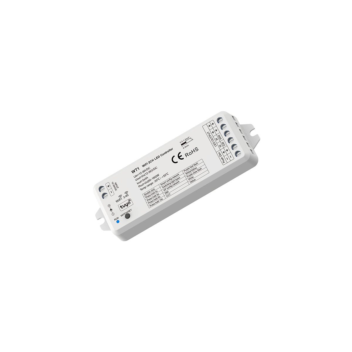GloboStar® 71468 WT1 SKYDANCE DC WiFi & RF 2.4Ghz Dimmer High Speed Controller 2 Καναλιών DC 12-36V 2 x 5A 180W - Max 10A 180W - IP20 Μ11.5 x Π3.5 x Υ2cm - 5 Years Warranty - ledmania.gr