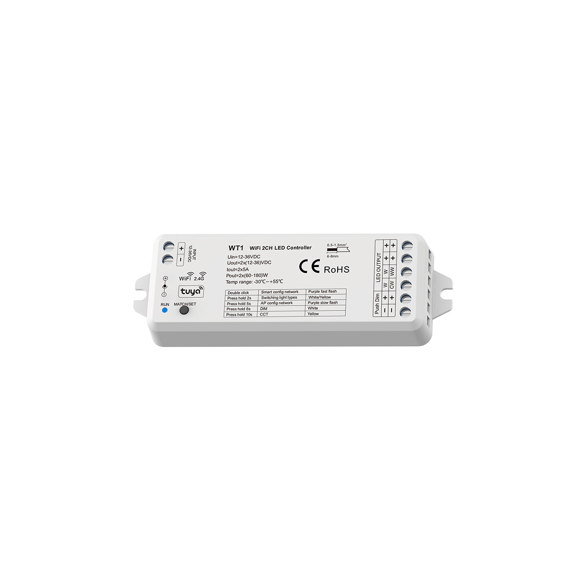 GloboStar® 71468 WT1 SKYDANCE DC WiFi & RF 2.4Ghz Dimmer High Speed Controller 2 Καναλιών DC 12-36V 2 x 5A 180W - Max 10A 180W - IP20 Μ11.5 x Π3.5 x Υ2cm - 5 Years Warranty - ledmania.gr