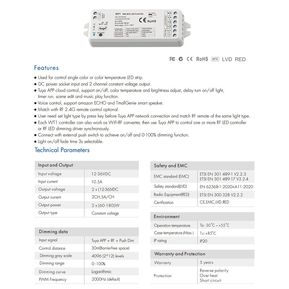 GloboStar® 71468 WT1 SKYDANCE DC WiFi & RF 2.4Ghz Dimmer High Speed Controller 2 Καναλιών DC 12-36V 2 x 5A 180W - Max 10A 180W - IP20 Μ11.5 x Π3.5 x Υ2cm - 5 Years Warranty - ledmania.gr