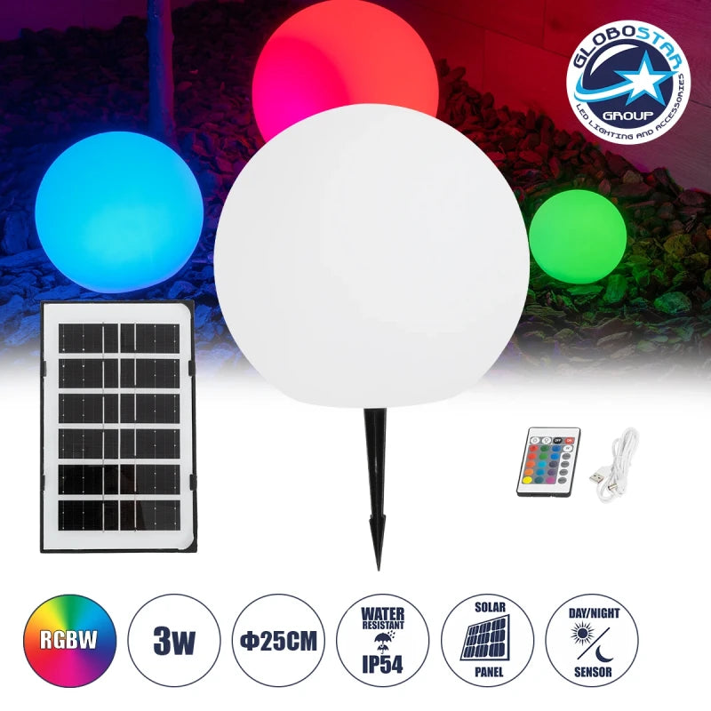 GLOBOSTAR® AQUAGLOW 71474 Μοντέρνο Φωτιστικό Κήπου Μπάλα με IR Ασύρματο Χειριστήριο LED 3W 240lm 360° DC 5V με USB-C με Ενσωματωμένο Φωτοβολταϊκό Panel 6V 1W & Επαναφορτιζόμενη Μπαταρία Li-ion 3.7V 2x18650 1400mAh Αδιάβροχο IP54 Πολύχρωμο RGBW Dimmable... - ledmania.gr
