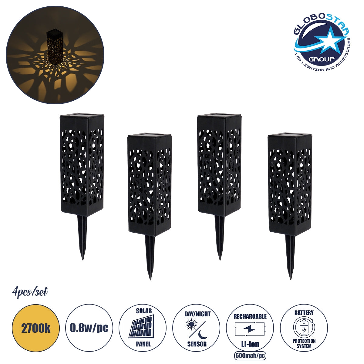 GloboStar® TRIBAL 71526 ΣΕΤ 4 Τεμαχίων Αυτόνομα Ηλιακά Φωτιστικά LED SMD 0.80W/Τεμ. 80lm/Τεμ. με Ενσωματωμένη Μπαταρία 600mAh - Φωτοβολταϊκό Πάνελ με Αισθητήρα Ημέρας-Νύχτας Αδιάβροχο IP65 Φανάρι Κήπου Τετράγωνο Θερμό Λευκό 2700K Μ6 x Π6 x Υ18cm - 1 Χρ... - ledmania.gr