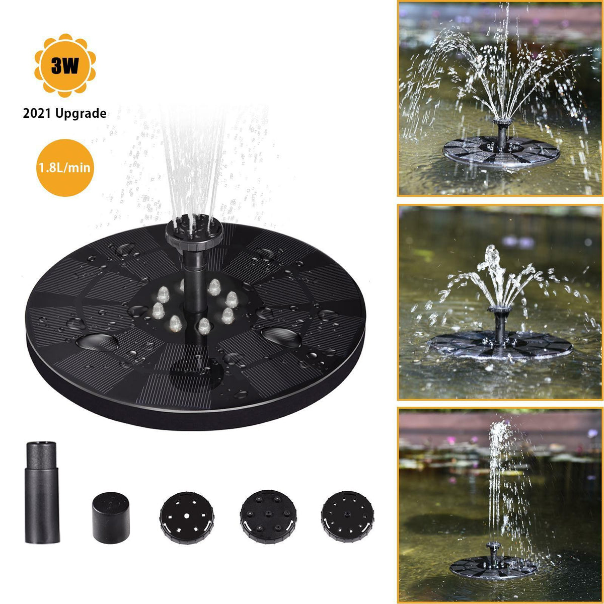 GLOBOSTAR® FOUNTAIN 71532 Διακοσμητικό Συντριβάνι LED 3W 150lm 120° DC 5V με Φωτοβολταϊκό Panel 5V 0.2W & Επαναφορτιζόμενη Μπαταρία Li-ion 3.2V 1500mAh Αδιάβροχο IP68 Ψυχρό Λευκό 6000K - Sanan Diode Chip - Μαύρο - 4 Μπέκ Ψεκασμού - Μ18 x Π18 x Υ8cm - 1...