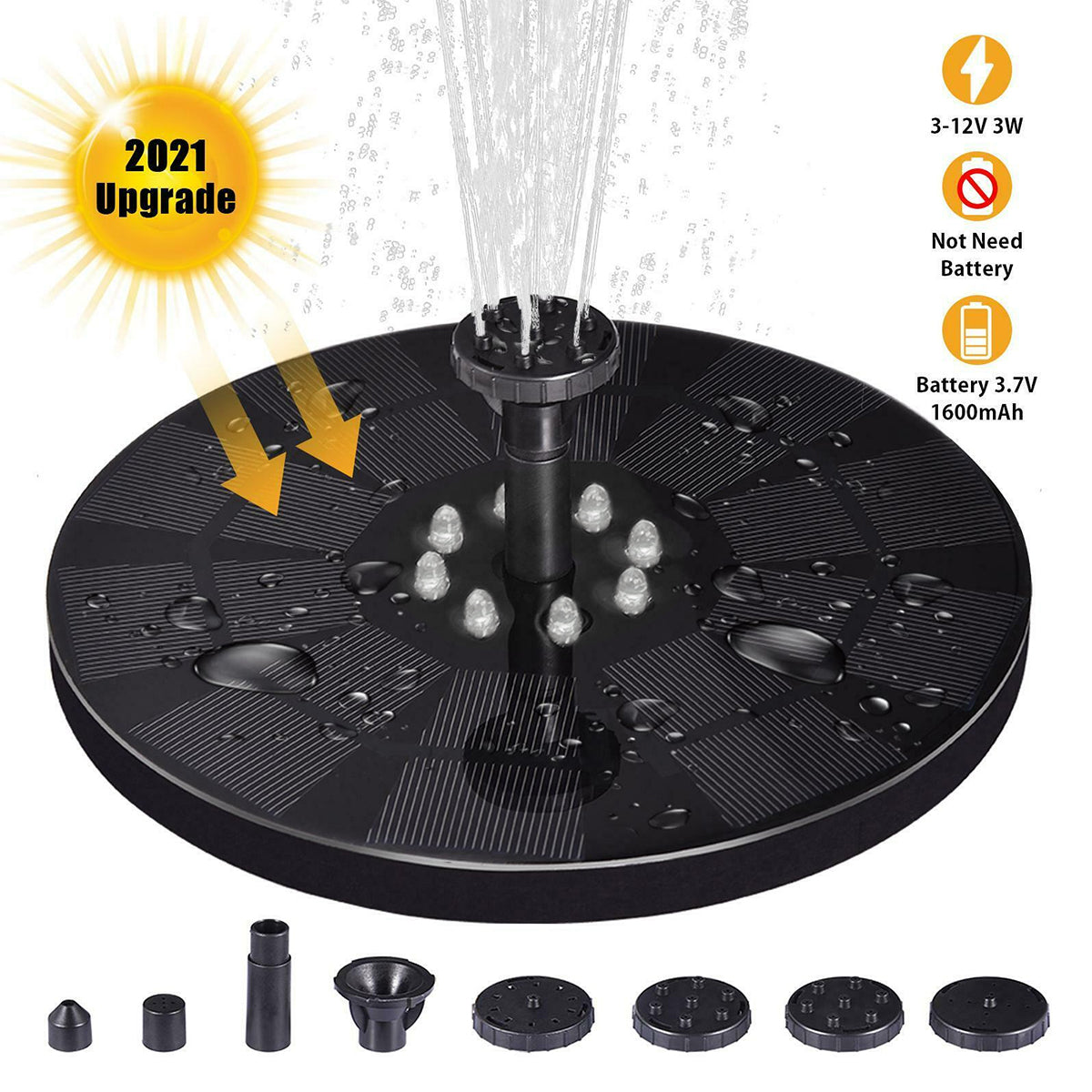 GLOBOSTAR® FOUNTAIN 71532 Διακοσμητικό Συντριβάνι LED 3W 150lm 120° DC 5V με Φωτοβολταϊκό Panel 5V 0.2W & Επαναφορτιζόμενη Μπαταρία Li-ion 3.2V 1500mAh Αδιάβροχο IP68 Ψυχρό Λευκό 6000K - Sanan Diode Chip - Μαύρο - 4 Μπέκ Ψεκασμού - Μ18 x Π18 x Υ8cm - 1...