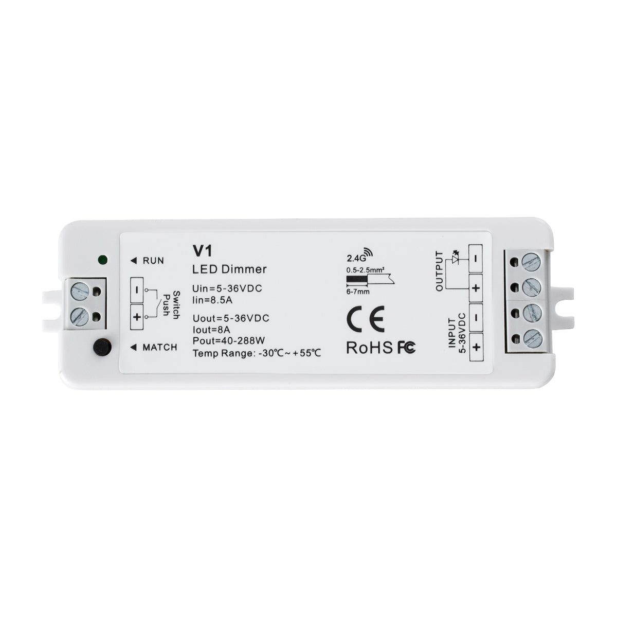 GLOBOSTAR® SKYDANCE-V1 71567 DC RF 2.4Ghz & Push Dimmer / Controller με 1 x 8A 288W Κανάλι DC 5-36V 8A 288W Max IP20 - RF 2.4Ghz & Push Dimming - Μ10 x Π3.5 x Υ2cm - 5 Χρόνια Εγγύηση