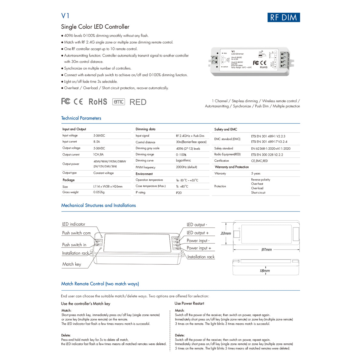 GLOBOSTAR® SKYDANCE-V1 71567 DC RF 2.4Ghz & Push Dimmer / Controller με 1 x 8A 288W Κανάλι DC 5-36V 8A 288W Max IP20 - RF 2.4Ghz & Push Dimming - Μ10 x Π3.5 x Υ2cm - 5 Χρόνια Εγγύηση