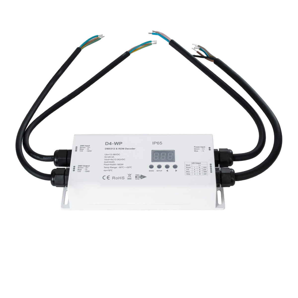 GloboStar® 71571-IP65 D4-WP SKYDANCE DC DMX & RDM Dimmer High Speed Controller / Decoder 4 Καναλιών DC 12-36V 4 x 5A 180W - Max 20.5A 720W - Αδιάβροχος IP65 Μ17 x Π8 x Υ4cm - 5 Years Warranty - ledmania.gr