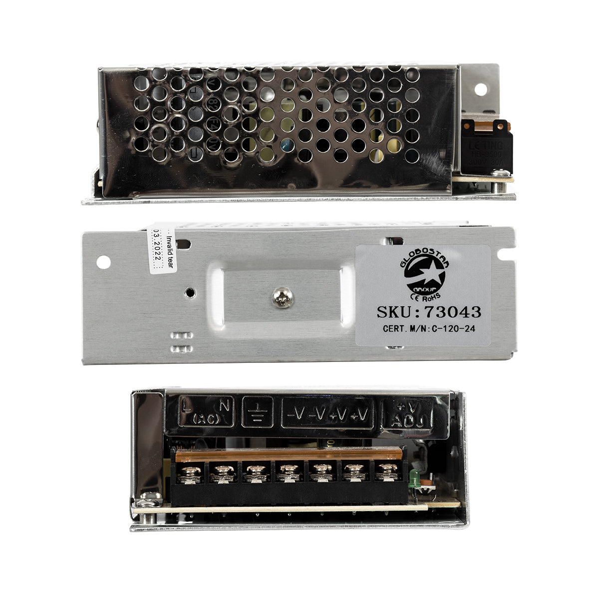 GLOBOSTAR® LUMIVOLT 73043 Τροφοδοτικό/Μετασχηματιστής PELV 120W 5A DC 24V IP20 - AC 220-240V σε DC 24V / Ρυθμιζόμενo από DC 22.5V έως DC 25.5V - Μ13 x Π10 x Υ4cm - 3 Χρόνια Εγγύηση - ledmania.gr