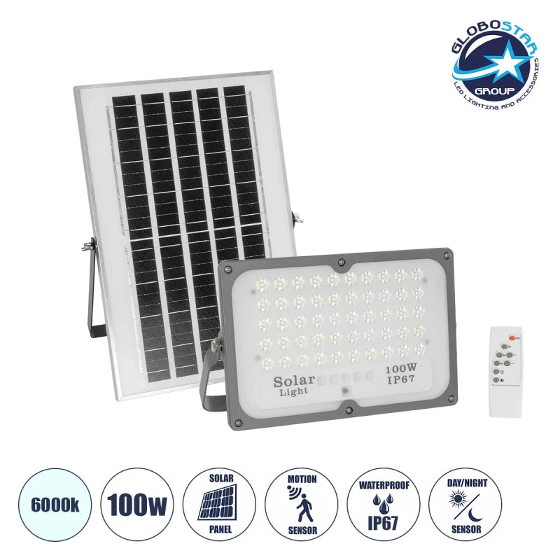 GLOBOSTAR® LUMOVOX 73067 Προβολέας LED 100W 5000lm 120° DC 5V με Φωτοβολταϊκό Panel 5V 8W & Επαναφορτιζόμενη Μπαταρία Li-ion 3.2V 5000mAh Αδιάβροχο IP65 Ψυχρό Λευκό 6000K - 120 x SMD2835 Sanan Chip - Γκρι Ανθρακί - Μ24.5 x Π0 x Υ15.8cm - 2 Χρόνια Εγγύηση
