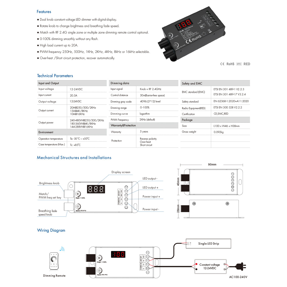 GloboStar® 73116 V1-B SKYDANCE DC RF 2.4Ghz Dimmer Constant Voltage Controller 1 Κανάλι DC 12-24V 1 x 20.5A 480W - Max 20.5A 480W - IP20 Μ9 x Π4 x Υ2.8cm - 5 Χρόνια Εγγύηση - ledmania.gr