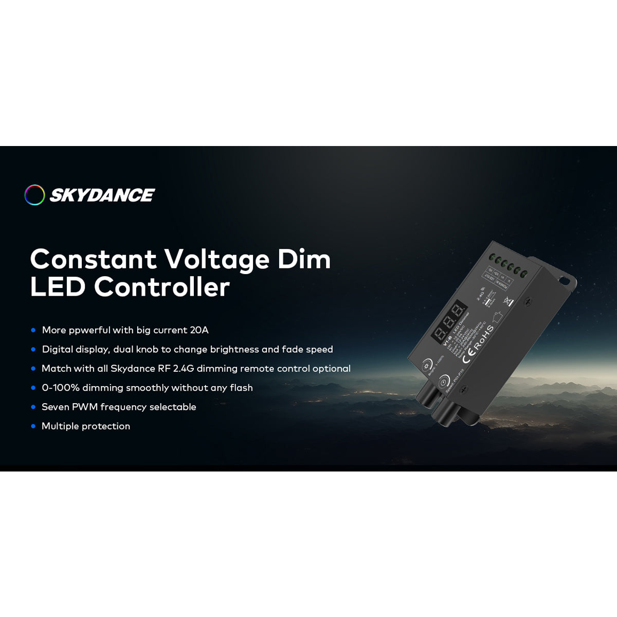GloboStar® 73116 V1-B SKYDANCE DC RF 2.4Ghz Dimmer Constant Voltage Controller 1 Κανάλι DC 12-24V 1 x 20.5A 480W - Max 20.5A 480W - IP20 Μ9 x Π4 x Υ2.8cm - 5 Χρόνια Εγγύηση - ledmania.gr