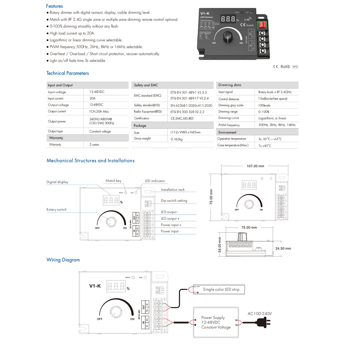 GloboStar® 73117 V1-K SKYDANCE DC RF 2.4Ghz Dimmer PWM Frequency Controller 1 Κανάλι DC 12-24V 1 x 20A 480W - Max 20A 480W - IP20 Μ10.7 x Π7.5 x Υ3.8cm - 5 Χρόνια Εγγύηση - ledmania.gr