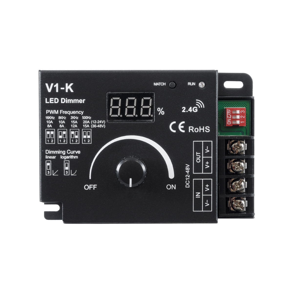 GloboStar® 73117 V1-K SKYDANCE DC RF 2.4Ghz Dimmer PWM Frequency Controller 1 Κανάλι DC 12-24V 1 x 20A 480W - Max 20A 480W - IP20 Μ10.7 x Π7.5 x Υ3.8cm - 5 Χρόνια Εγγύηση - ledmania.gr