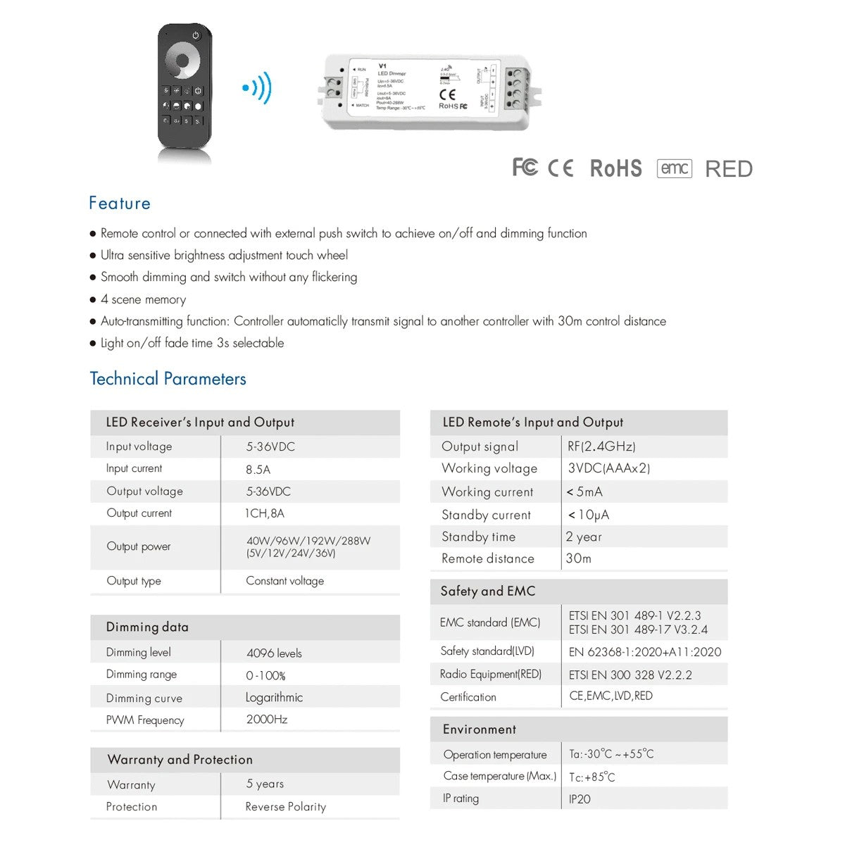 GloboStar® 73118 RT1+V1 SKYDANCE ΣΕΤ Dimmer & Ασύρματο Χειριστήριο Αφής 1 Group RF 2.4Ghz 8A Max DC 5-36V (288W) - DC 3V IP20 - 5 Χρόνια Εγγύηση - ledmania.gr
