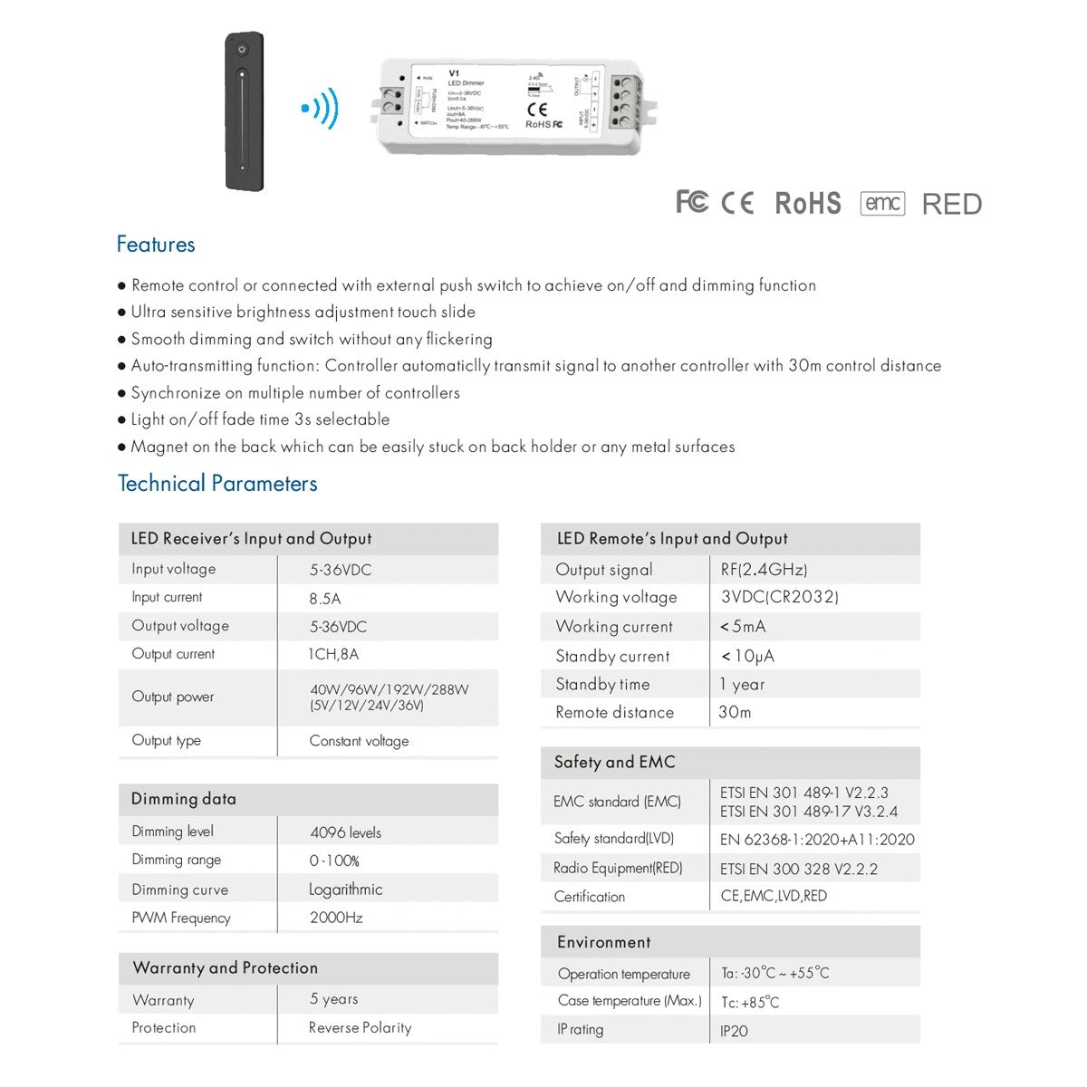 GloboStar® 73119 V1+R11 SKYDANCE ΣΕΤ Dimmer & Ασύρματο Χειριστήριο Αφής 1 Group RF 2.4Ghz 8A Max DC 5-36V (288W) - DC 3V IP20 - 5 Χρόνια Εγγύηση - ledmania.gr