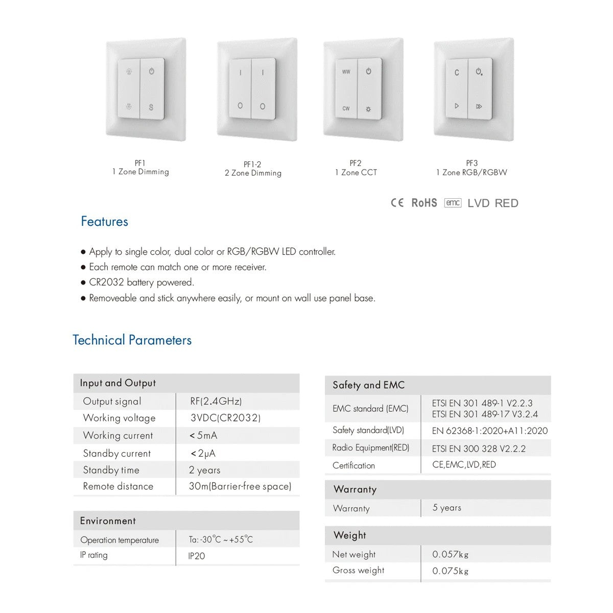 GloboStar® 73122 PF1-2 SKYDANCE Ασύρματο Επιτοίχιο Χειριστήριο 2 Group  RF 2.4Ghz DC3V IP20 - Μ8.5 x Π8.5 x Υ1.7cm - 5 Χρόνια Εγγύηση - ledmania.gr
