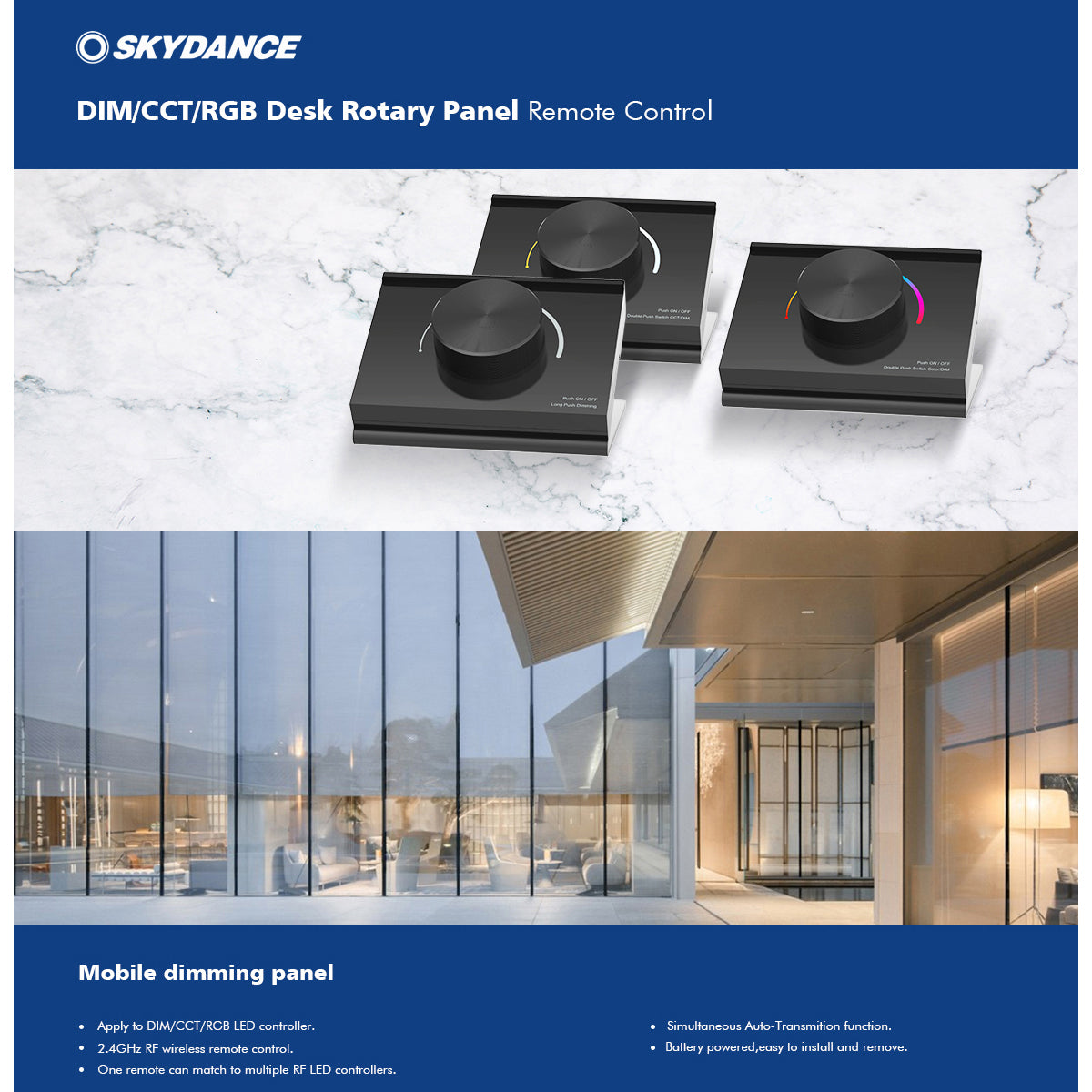 GloboStar® 73123 RK1 SKYDANCE Ασύρματο Χειριστήριο RF 2.4Ghz & Push Dimming 1 Group για όλα τα Μονόχρωμα SKYDANCE Controller DC 3V 1 x CR2032 - IP20 Μ9.1 x Π7.2 x Υ5.7cm - 5 Χρόνια Εγγύηση - ledmania.gr