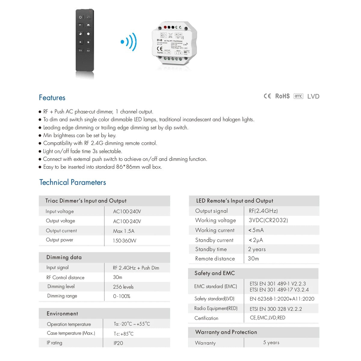 GloboStar® 73125 S1-B+R1 SKYDANCE ΣΕΤ Dimmer & Ασύρματο Χειριστήριο Αφής 1 Group RF 2.4Ghz 1.5A Max AC100-240V (360W) - DC 3V IP20 - 5 Χρόνια Εγγύηση - ledmania.gr